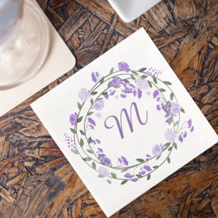 Watercolor Purple Peony Monogram Wreath Napkin