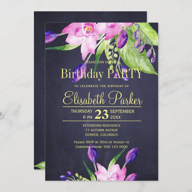 Watercolor purple pink chic floral birthday party invitation (Front/Back)
