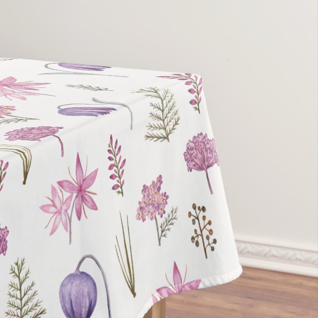Watercolor Purple Pink English Wildflower Party Tablecloth (In Situ)