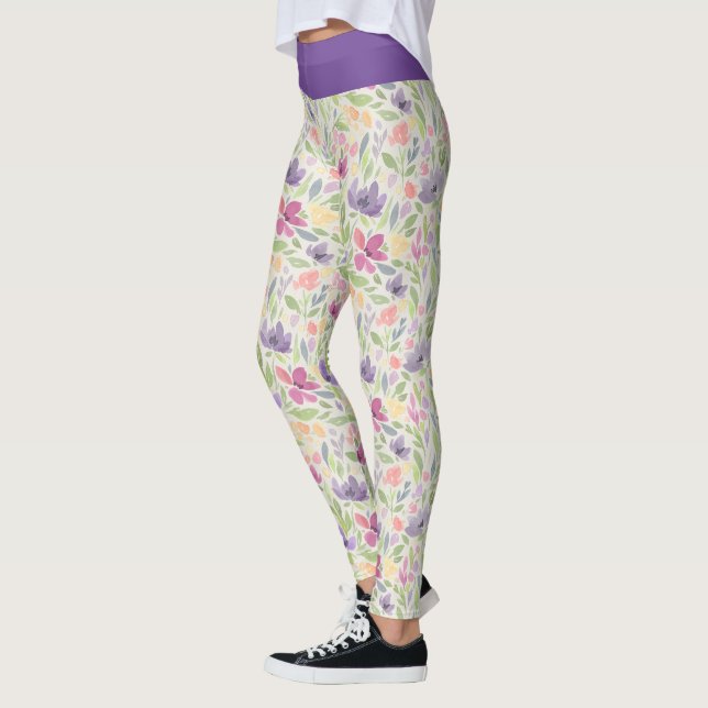Watercolor Purple Pink Floral Flower Pattern Leggings (Left)
