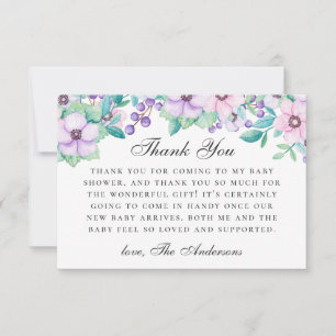 Watercolor purple pink floral garden baby shower thank you card