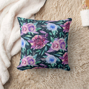 Watercolor purple pink floral garden pattern cushion