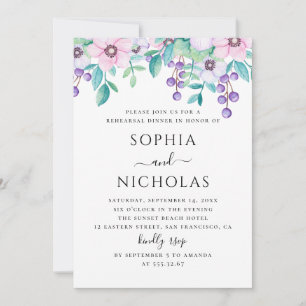 Watercolor purple pink floral rehearsal dinner invitation