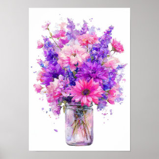 Watercolor Purple Pink Flower Bouquet in Jar Poster
