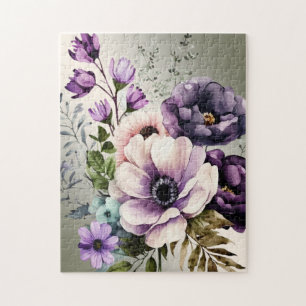Watercolor Purple Pink Flowers Golden Elegant Jigsaw Puzzle