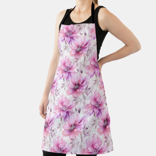 Watercolor Purple Pink Flowers Spring Pattern  Apron (Insitu)