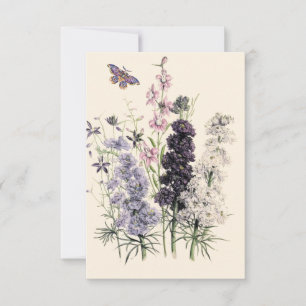 Watercolor Purple, Pink Garden Flowers, Butterfly  Card