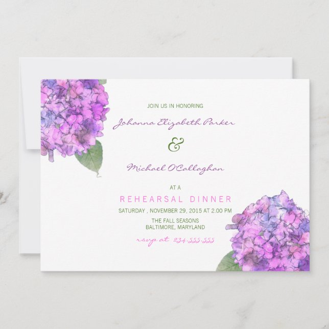 Watercolor Purple Pink Hydrangeas Rehearsal Dinner Invitation (Front)