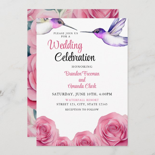 Watercolor Purple & Pink Rose Hummingbird Wedding Invitation (Front/Back)