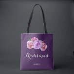 Watercolor purple plum bouquet wedding bridesmaid tote bag<br><div class="desc">Rustic elegant fall wedding stylish bridesmaid / maid of honour / flower girl tote bag featuring a bunch of big blush pink violet peony flowers on dark purple plum background. Personalise it with bridesmaid's name on front and with bride's and groom's names and wedding date on the back. ------- Pleas...</div>