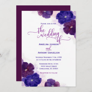 Watercolor Purple Plum Royal Blue Floral Wedding Invitation