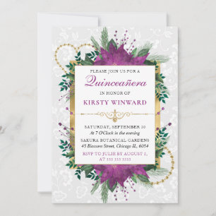 Watercolor Purple Poinsettia Winter Quinceanera Invitation