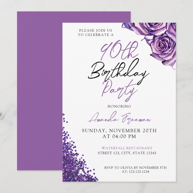 Watercolor Purple Rose 90th Birthday Invitation (Front/Back)