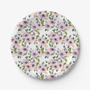 Watercolor Purple Rose Floral Pattern  Paper Plate