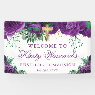 Watercolor Purple Roses 1st Holy Communion Banner