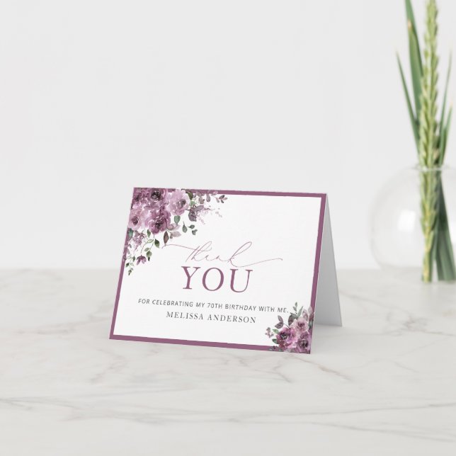Watercolor Purple Roses 70th Birthday Thank You Card (Front)