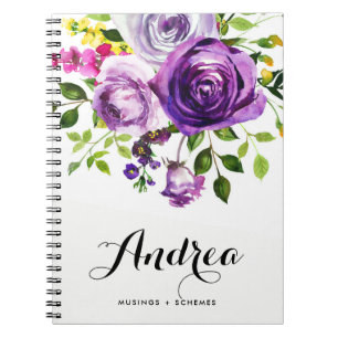 Watercolor Purple Roses Botanical Personalised Notebook