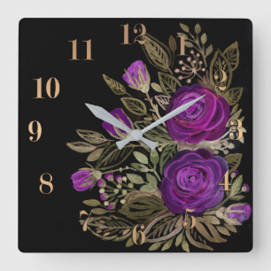 Watercolor Purple roses Square Wall Clock