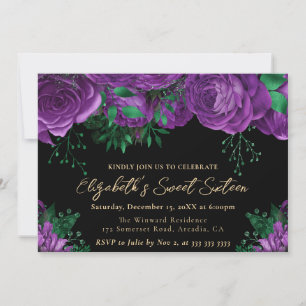 Watercolor Purple Roses Sweet Sixteen Invitation