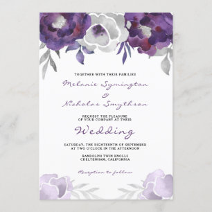 Watercolor Purple Silver Floral wedding 3963 Invitation