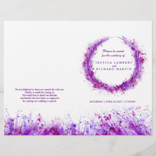 Watercolor purple splash wreath wedding programme