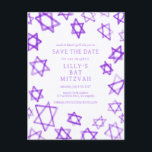 Watercolor Purple Star of David Bar Bat Mitzvah Announcement Postcard<br><div class="desc">Perfect card to announce the upcoming date of a bat mitzvah, bar mitzvah or other Jewish celebration! Hand made watercolor art for you on the front and back side! FULLY CUSTOMIZABLE! Click on “Personalise” above to edit the text. Click "edit using design tool" to adjust the fonts, colours and placements...</div>