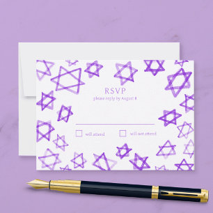 Watercolor Purple Star of David Bar Bat Mitzvah RSVP Card