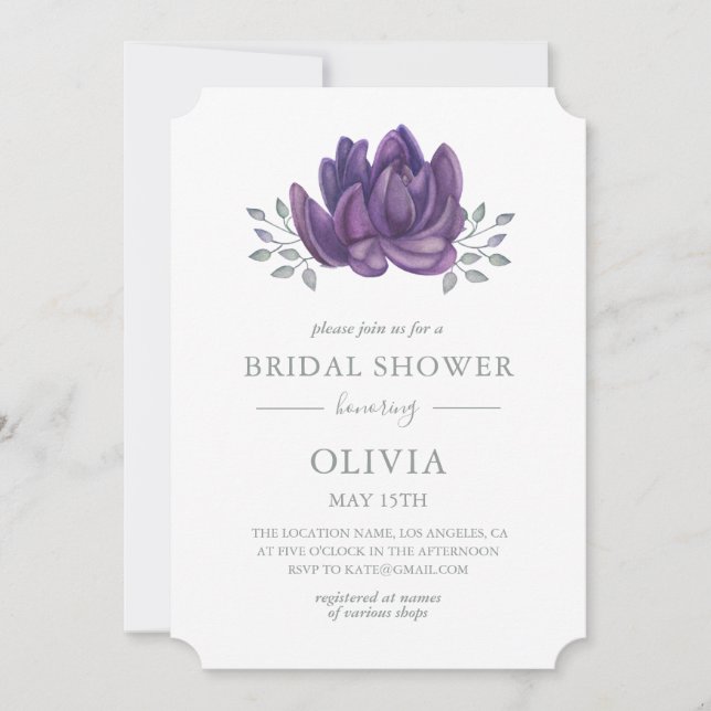 Watercolor purple succulent. Floral Bridal Shower Invitation (Front)