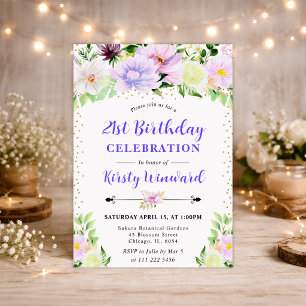 Watercolor Purple Summer Flowers 21st birthday Invitation