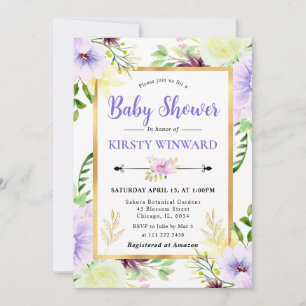 Watercolor Purple Summer Flowers Baby Shower Invitation