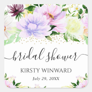 Watercolor Purple Summer Flowers Bridal Shower Square Sticker