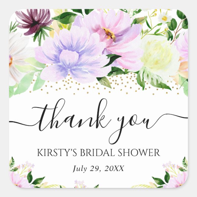 Watercolor Purple Summer Flowers Bridal Shower Square Sticker (Front)