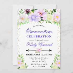 Watercolor Purple Summer Flowers Quinceanera Invitation