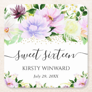 Watercolor Purple Summer Flowers Sweet Sixteen Square Paper Coaster