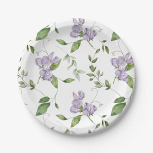 Watercolor Purple Sweet Pea Flowers Paper Plate