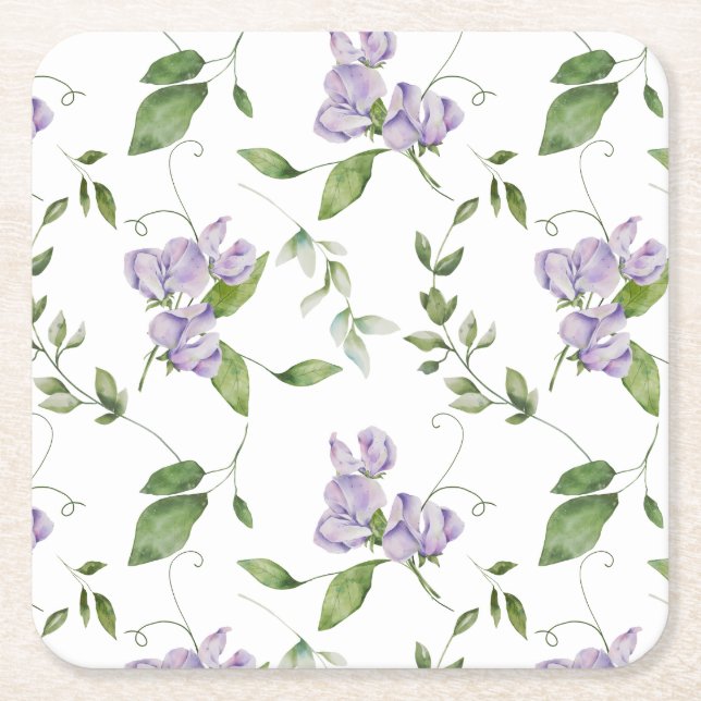 Watercolor Purple Sweet Pea Flowers Square Paper Coaster (Front)