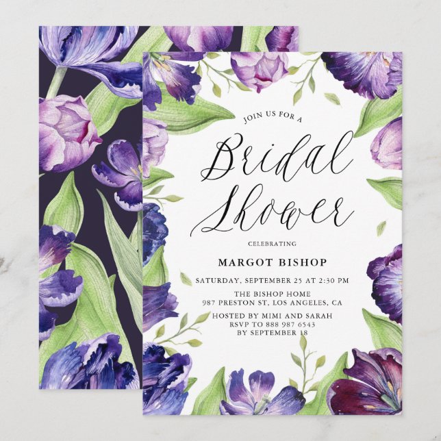 Watercolor Purple Tulips Floral Bridal Shower Invitation (Front/Back)