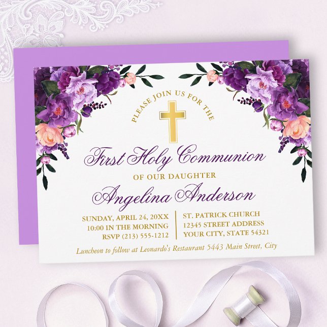 Watercolor Purple Violet Floral Communion Gold Invitation (Customize to change text color, size, style or to change color of back of card.)