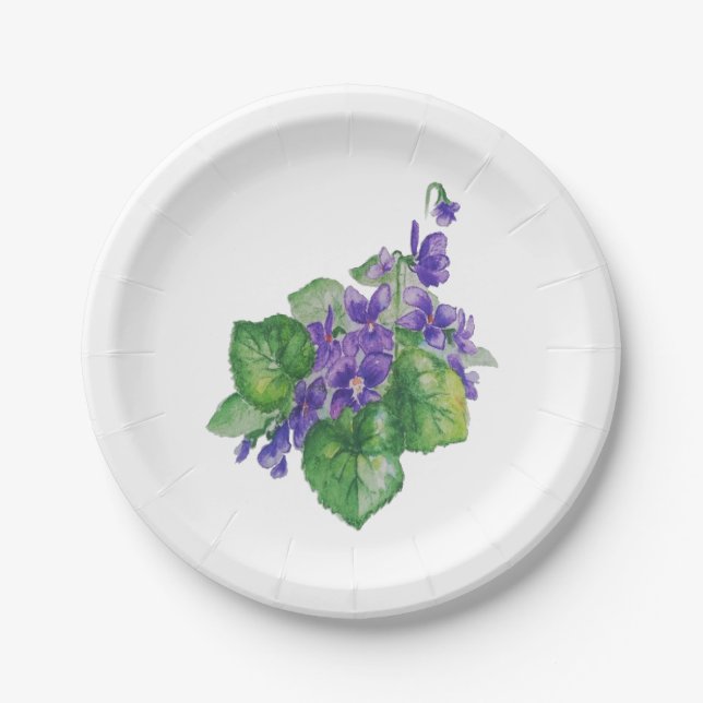 Watercolor Purple Violet Flower  Floral Art Paper Plate (Front)