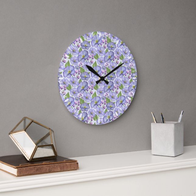 Watercolor Purple Violets & Floral Pattern Large Clock (Office)