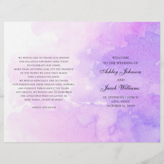 Watercolor purple wedding. Lavender program folded (Front)