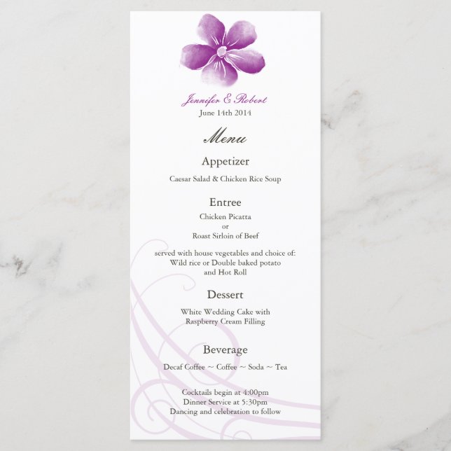 Watercolor Purple Wedding Menu Card (Front)