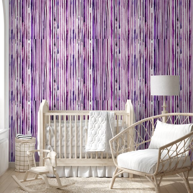 Watercolor Purple White Stripe Pattern Seamless Wallpaper (Kids)