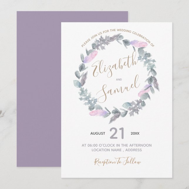 Watercolor purple wreath Wedding Invitation (Front/Back)