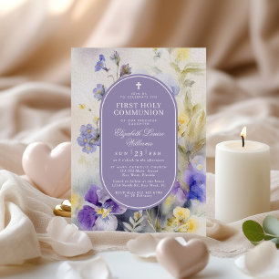 Watercolor Purple & Yellow First Holy Communion Invitation