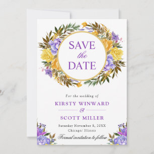 Watercolor Purple Yellow Flowers Wreath Wedding Save The Date