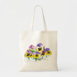 Watercolor Purple Yellow Pansies Floral Rustic Tote Bag