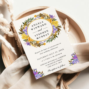 Watercolor Purple Yellow Wreath Wedding Invitation