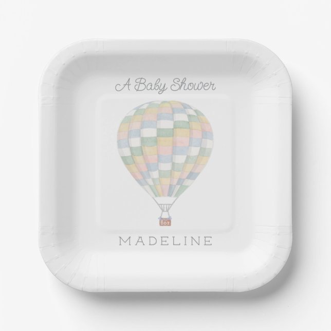 watercolor quilt hot air balloon Baby Shower Paper Plate (Front)