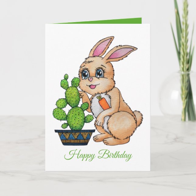 Watercolor Rabbit And Cute Cactus Card (Front)